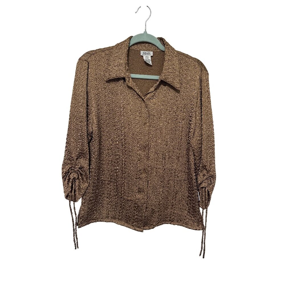 Graff By Um Company Blouse Brown Textured Rouched Sleeve NWT Womans PS